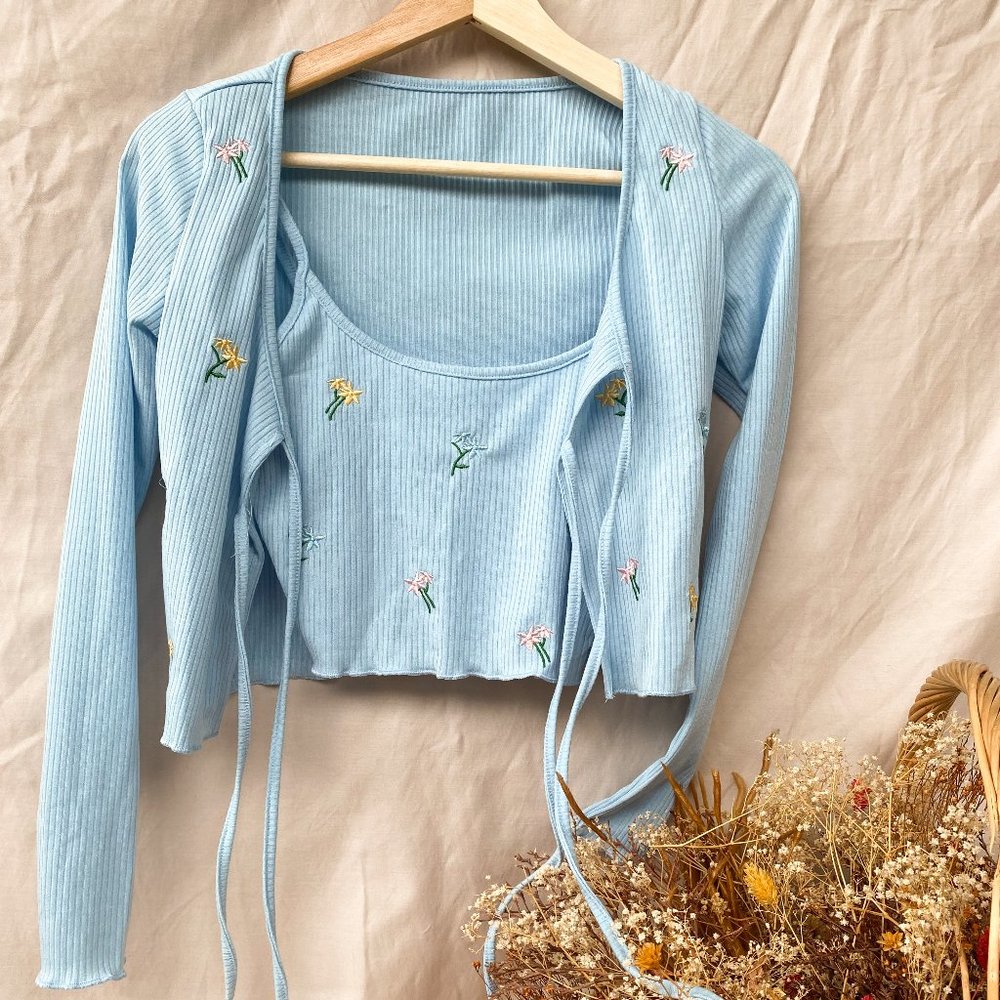 Lily Floral Blue 2 piece Top and Matching Cardigan